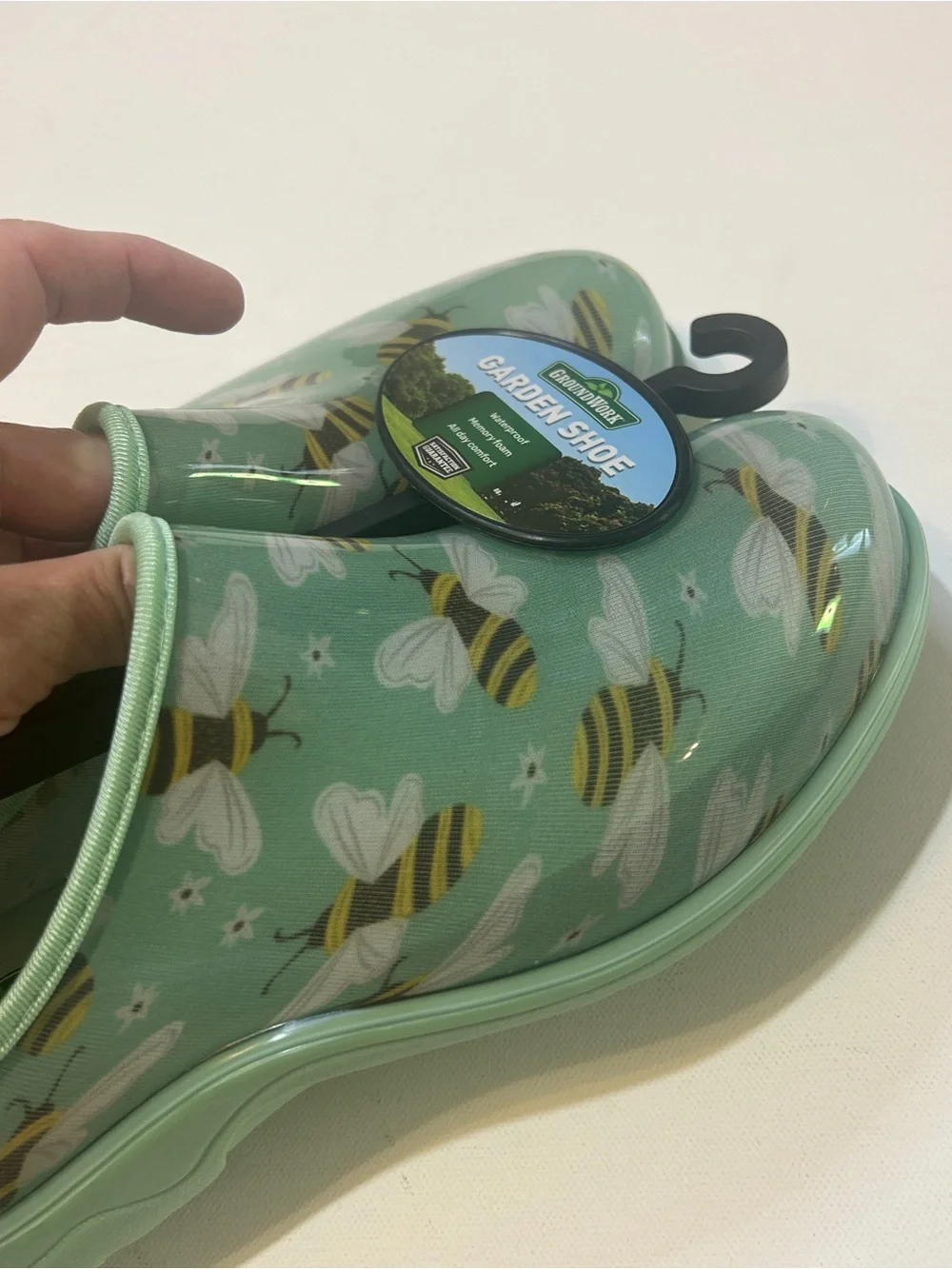 Bee Print Garden Shoes Waterproof Memory Foam Clog Mint Green Women’s Size 8 NWT